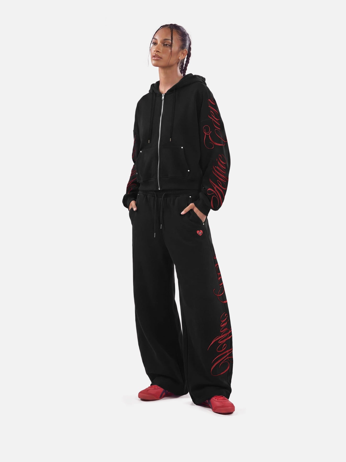 Script embroidery hoodie and joggers set on model