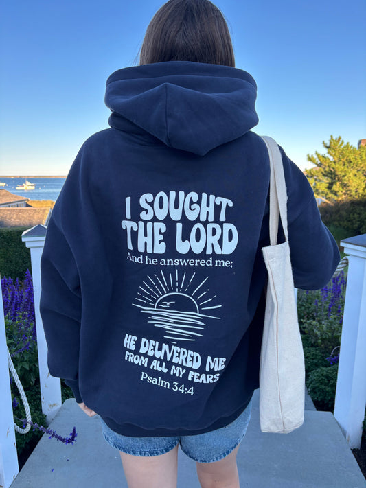 Psalm 34:4 Hoodie navy oversized back print