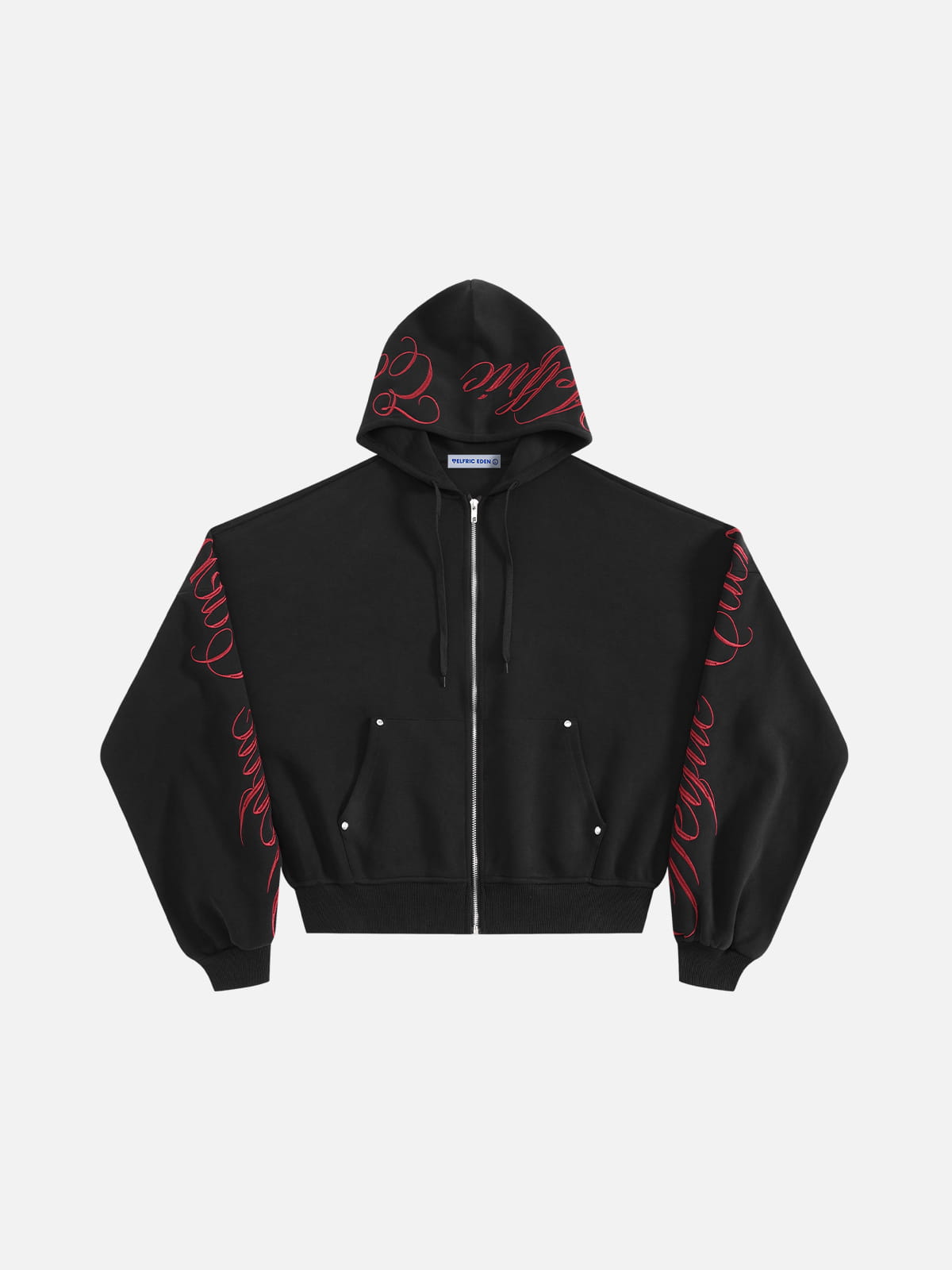 Black script embroidery zip up hoodie