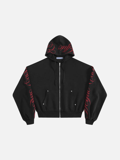 Black script embroidery zip up hoodie