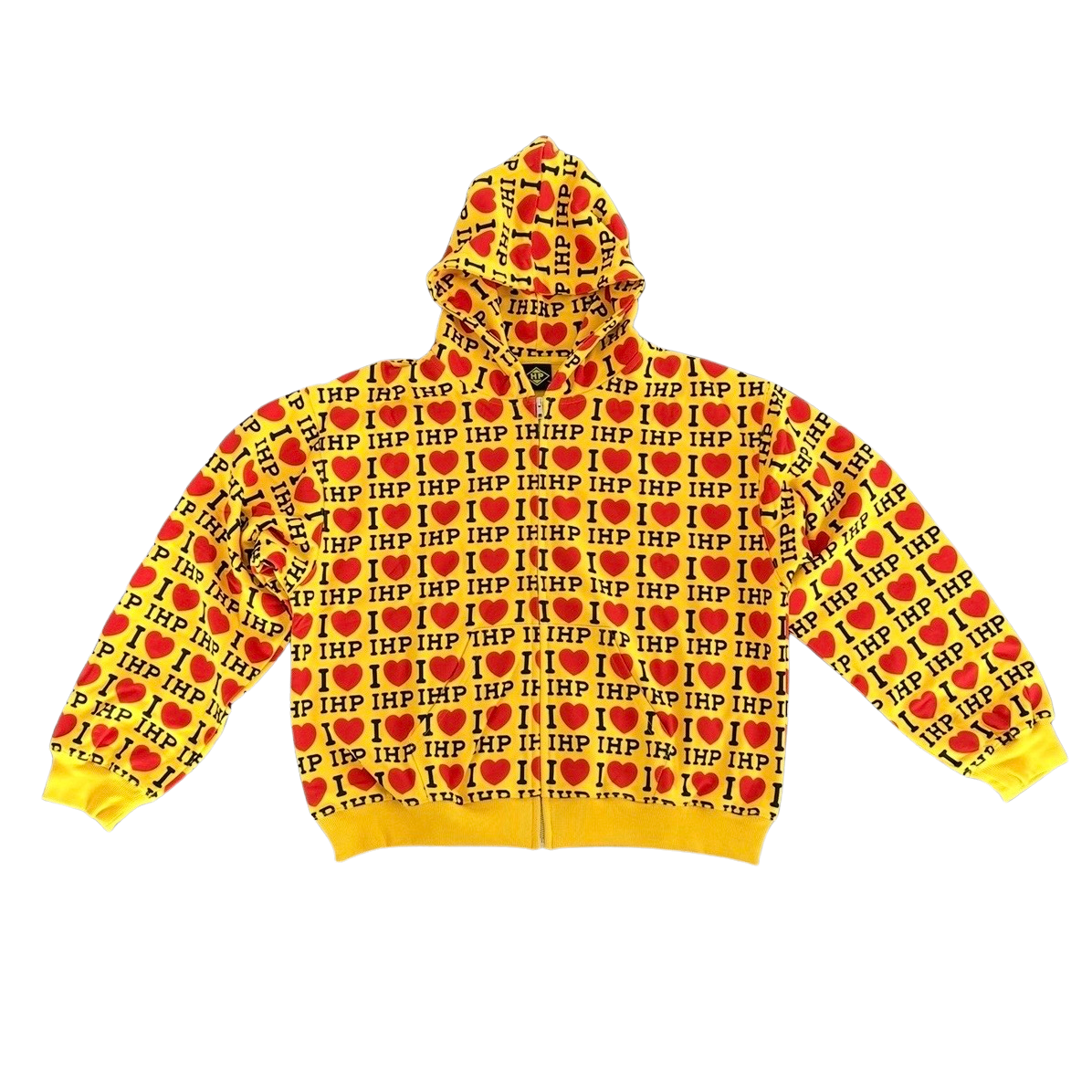 Yellow all over print heart zip up hoodie