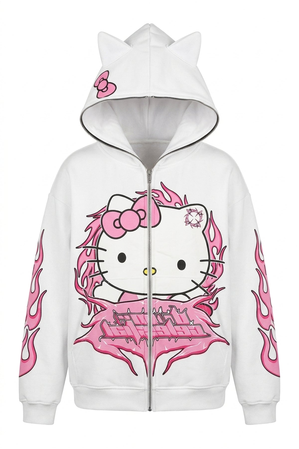 Y2K Flame Kitty Ear Full-Zip Hoodie - front