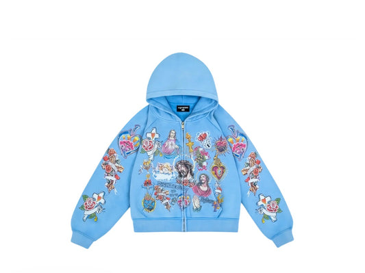 Jesus Zip Up Hoodie - Blue